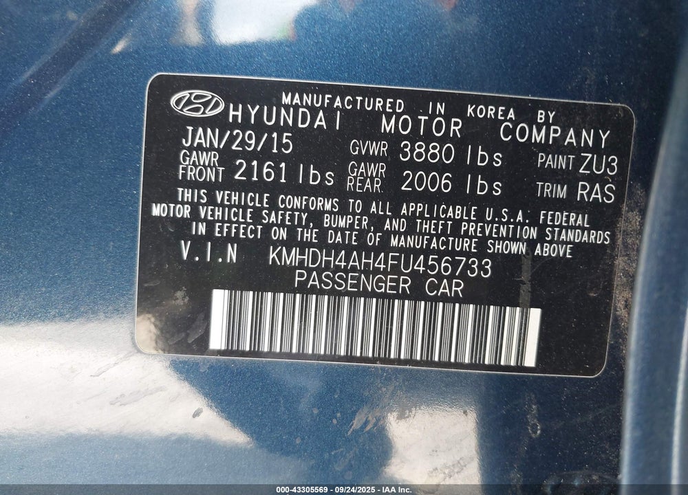 2015 HYUNDAI ELANTRA SPORT VIN: KMHDH4AH4FU456733