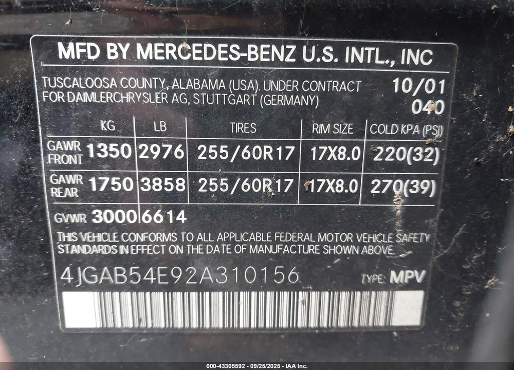 2002 MERCEDES-BENZ ML 320 VIN: 4JGAB54E92A310156