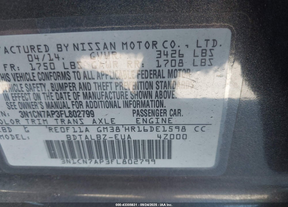 2015 NISSAN VERSA 1.6 SV VIN: 3N1CN7AP3FL802799