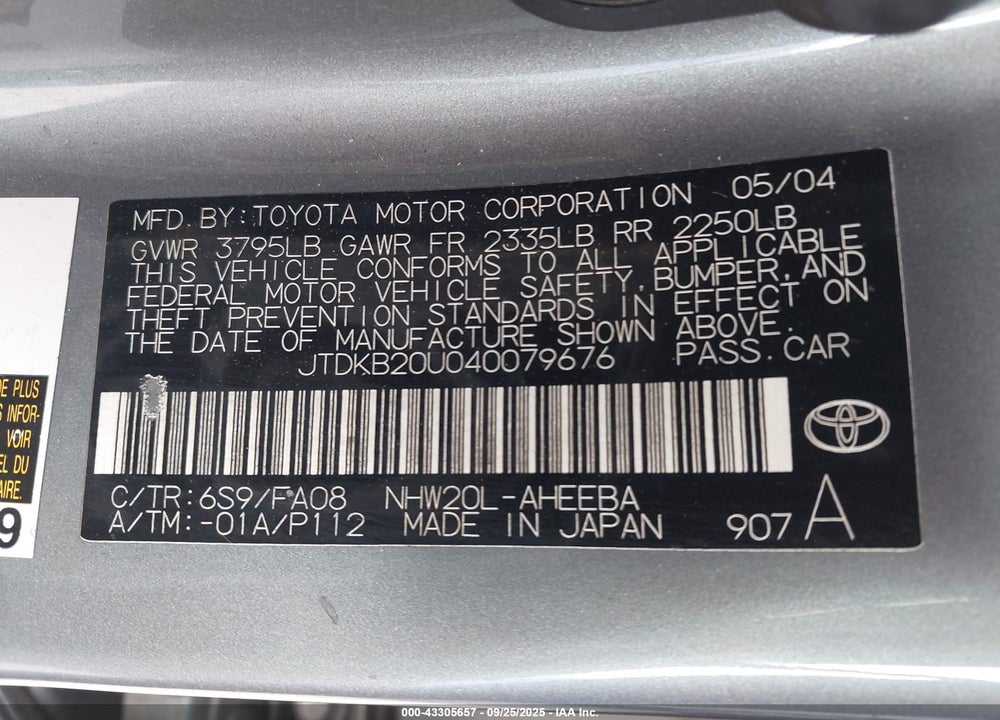 2004 TOYOTA PRIUS VIN: JTDKB20U040079676