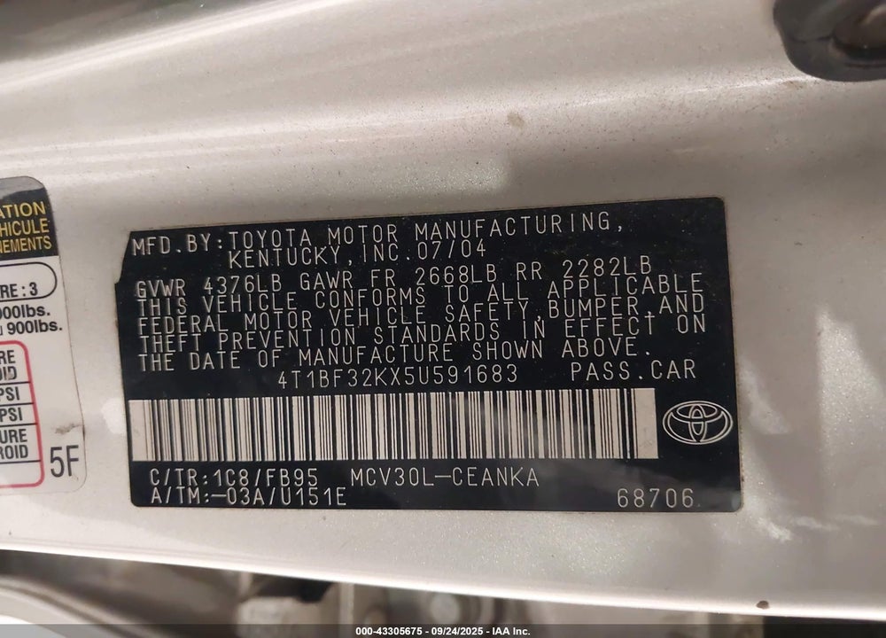 2005 TOYOTA CAMRY LE V6 VIN: 4T1BF32KX5U591683