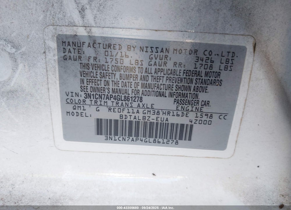 2016 NISSAN VERSA 1.6 S/1.6 S+/1.6 SL/1.6 SV VIN: 3N1CN7AP4GL861278