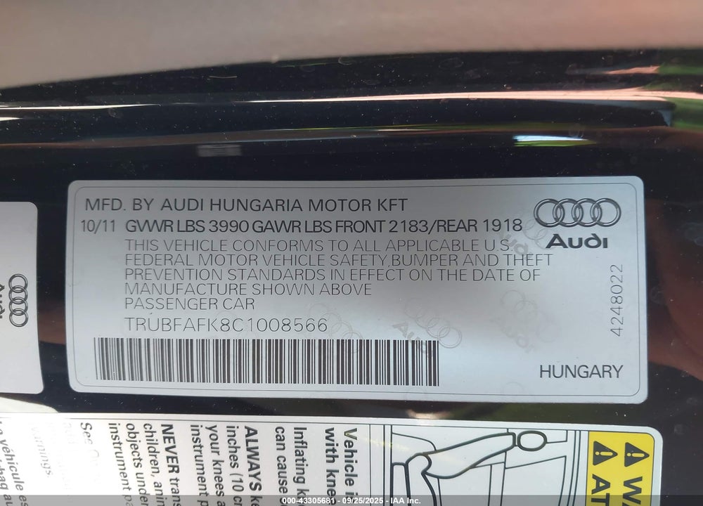2012 AUDI TT VIN: TRUBFAFK8C1008566