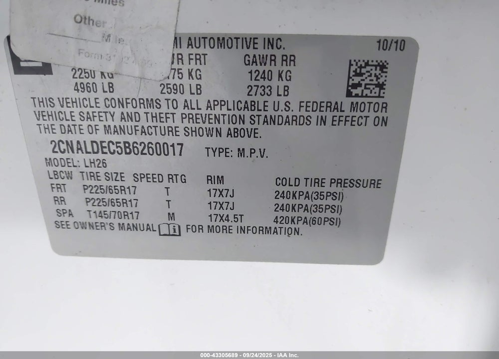 2011 CHEVROLET EQUINOX VIN: 2CNALDEC5B6260017