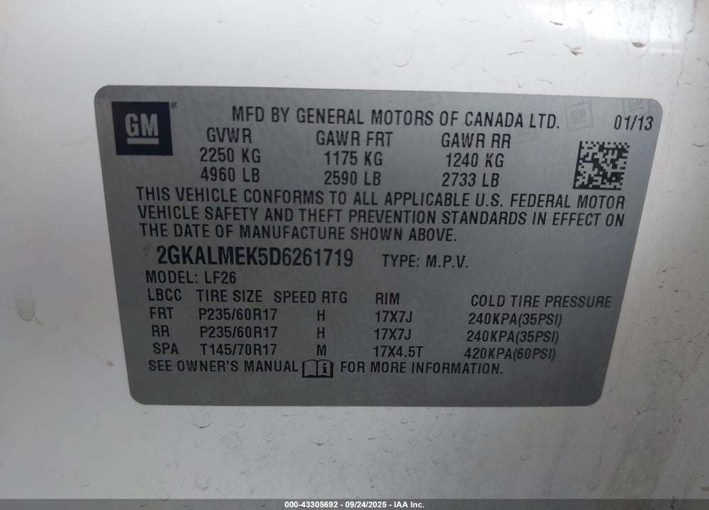 2013 GMC TERRAIN VIN: 2GKALMEK5D6261719