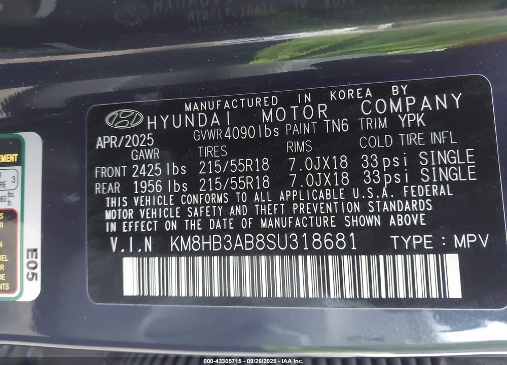 2025 HYUNDAI KONA SEL VIN: KM8HB3AB8SU318681