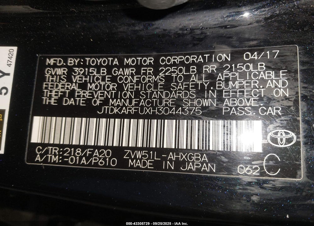 2017 TOYOTA PRIUS THREE VIN: JTDKARFUXH3044375