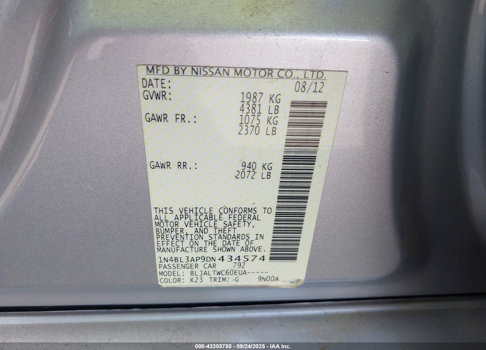 2013 NISSAN ALTIMA 3.5 SV VIN: 1N4BL3AP9DN434574