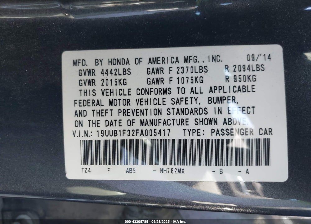 2015 ACURA TLX VIN: 19UUB1F32FA005417
