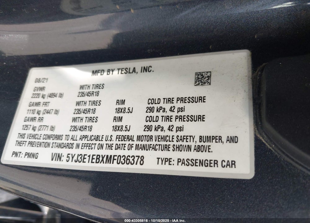 2021 TESLA MODEL 3 LONG RANGE DUAL MOTOR ALL-WHEEL DRIVE VIN: 5YJ3E1EBXMF036378