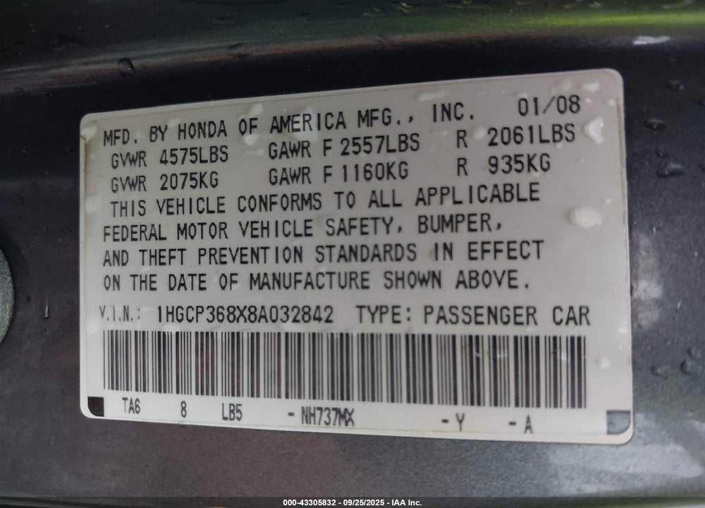 2008 HONDA ACCORD 3.5 EX-L VIN: 1HGCP368X8A032842