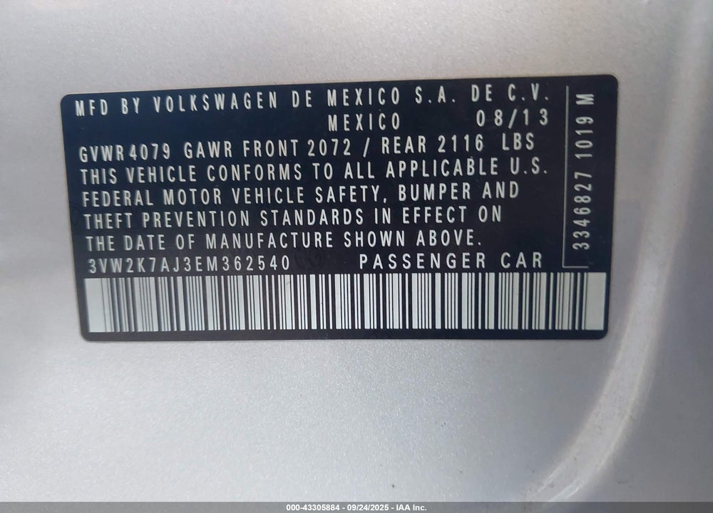 2014 VOLKSWAGEN JETTA VIN: 3VW2K7AJ3EM362540