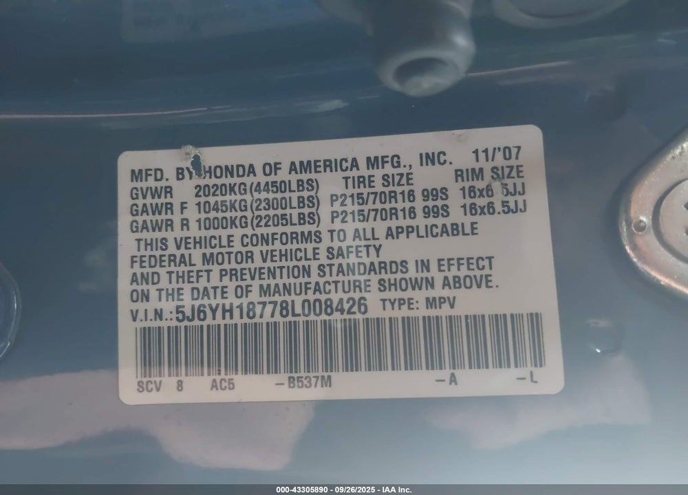 2008 HONDA ELEMENT EX VIN: 5J6YH18778L008426