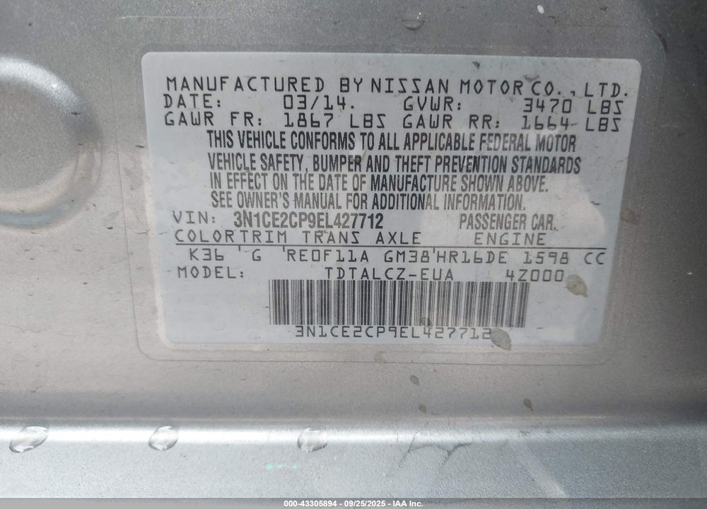 2014 NISSAN VERSA NOTE VIN: 3N1CE2CP9EL427712