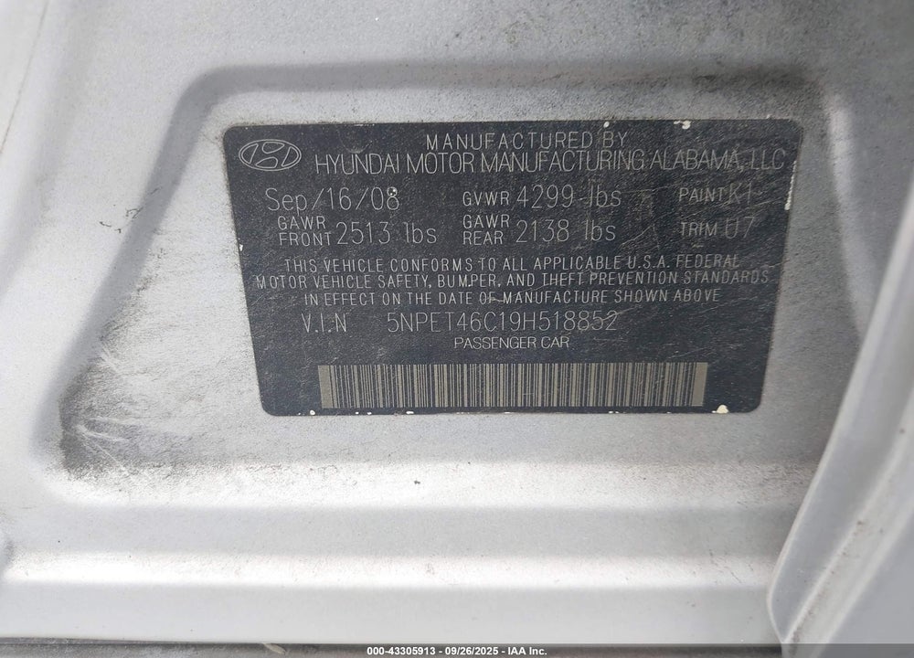2009 HYUNDAI SONATA VIN: 5NPET46C19H518852