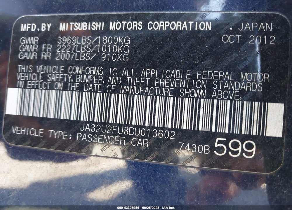 2013 MITSUBISHI LANCER VIN: JA32U2FU3DU013602