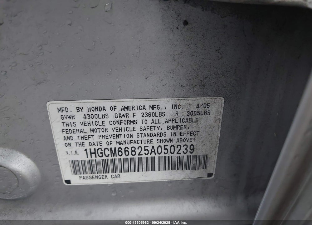 2005 HONDA ACCORD 3.0 EX VIN: 1HGCM66825A050239
