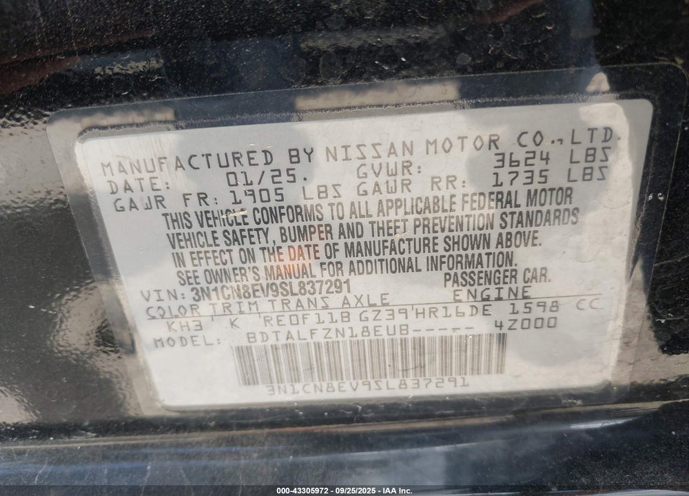 2025 NISSAN VERSA VIN: 3N1CN8EV9SL837291
