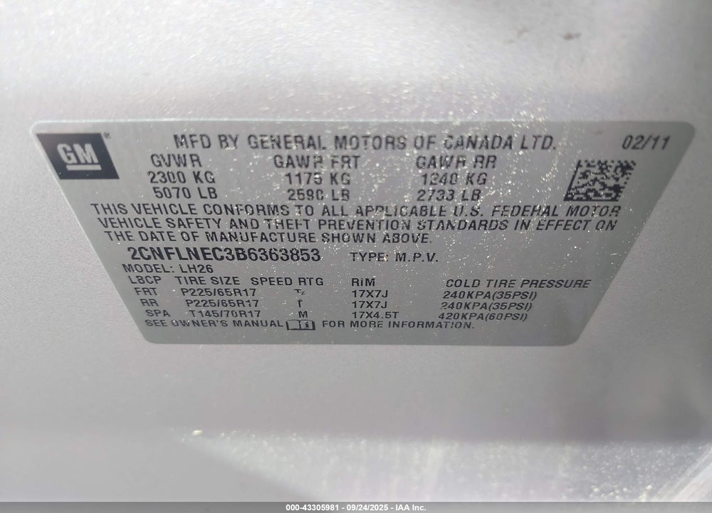 2011 CHEVROLET EQUINOX VIN: 2CNFLNEC3B6363853