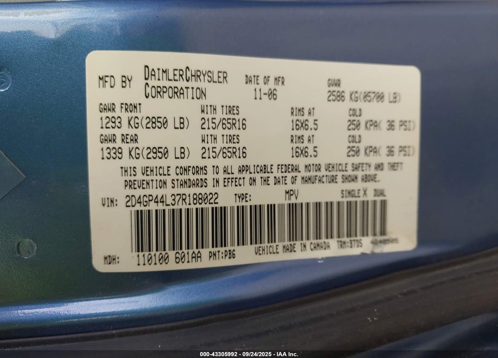 2007 DODGE GRAND CARAVAN SXT VIN: 2D4GP44L37R188022