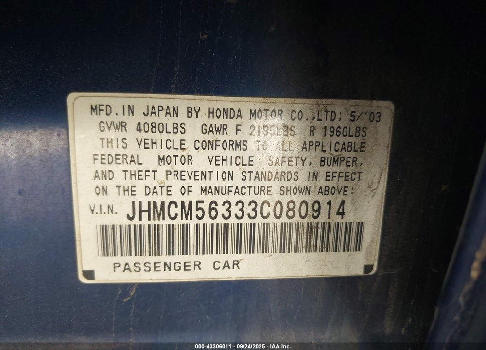 2003 HONDA ACCORD 2.4 LX VIN: JHMCM56333C080914