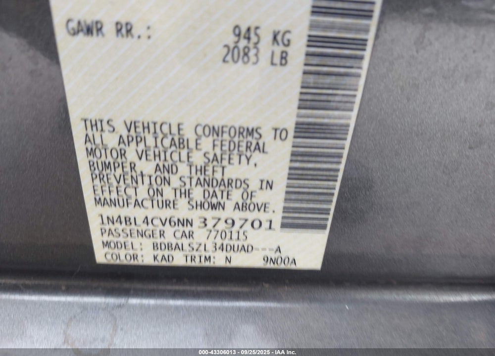 2022 NISSAN ALTIMA VIN: 1N4BL4CV6NN379701