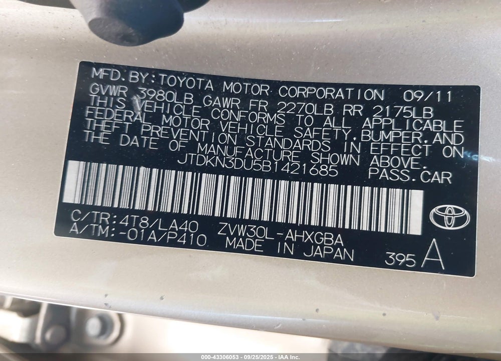 2011 TOYOTA PRIUS FOUR VIN: JTDKN3DU5B1421685