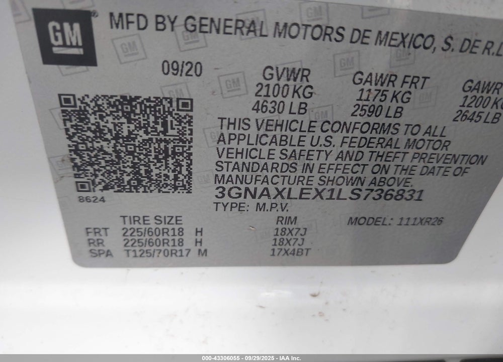2020 CHEVROLET EQUINOX VIN: 3GNAXLEX1LS736831