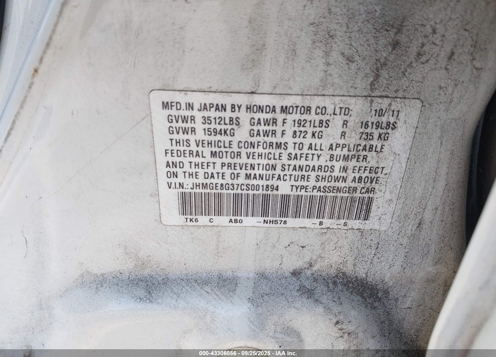 2012 HONDA FIT VIN: JHMGE8G37CS001894