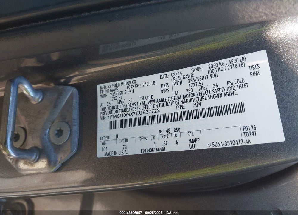 2014 FORD ESCAPE SE VIN: 1FMCU0GX7EUE37722