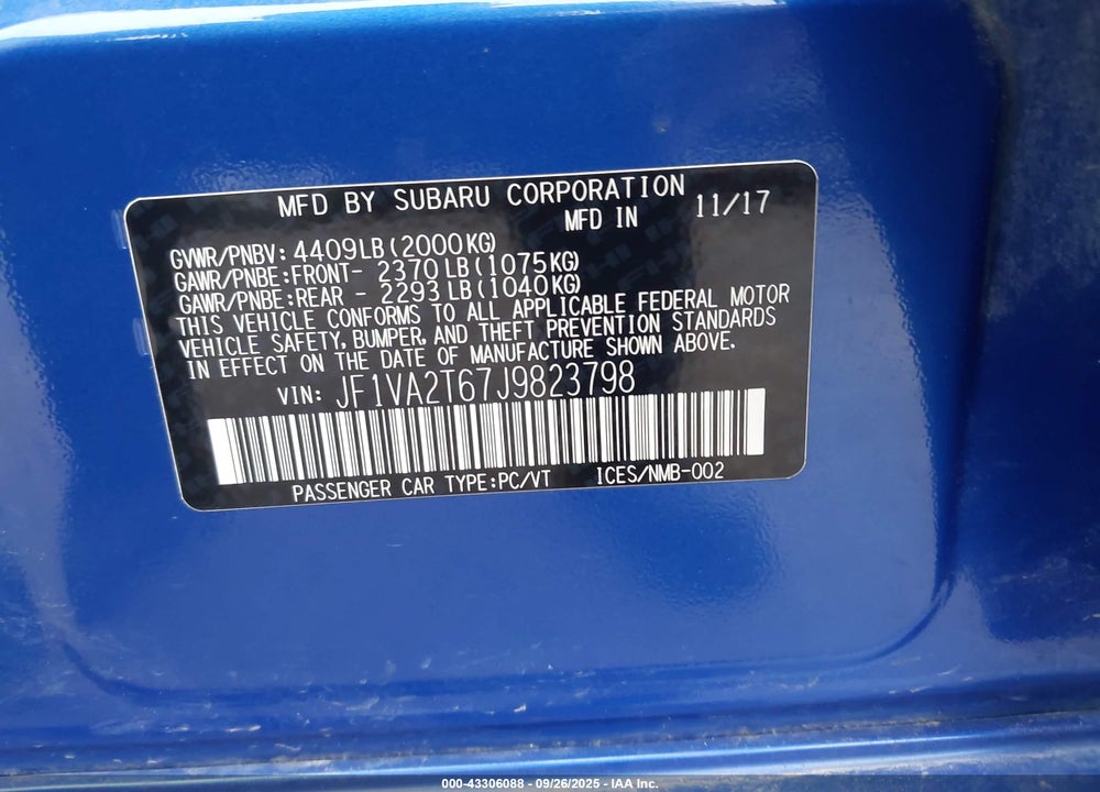 2018 SUBARU WRX VIN: JF1VA2T67J9823798