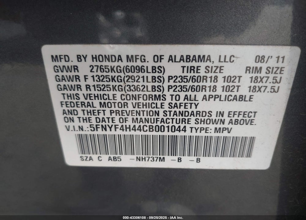 2012 HONDA PILOT VIN: 5FNYF4H44CB001044