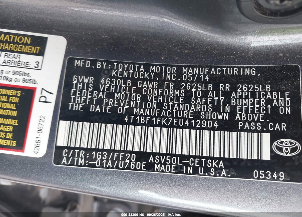 2014 TOYOTA CAMRY VIN: 4T1BF1FK7EU412904