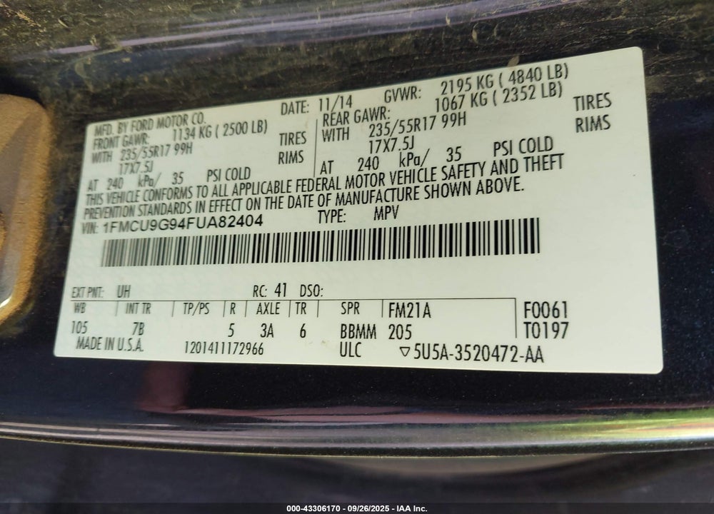 2015 FORD ESCAPE VIN: 1FMCU9G94FUA82404