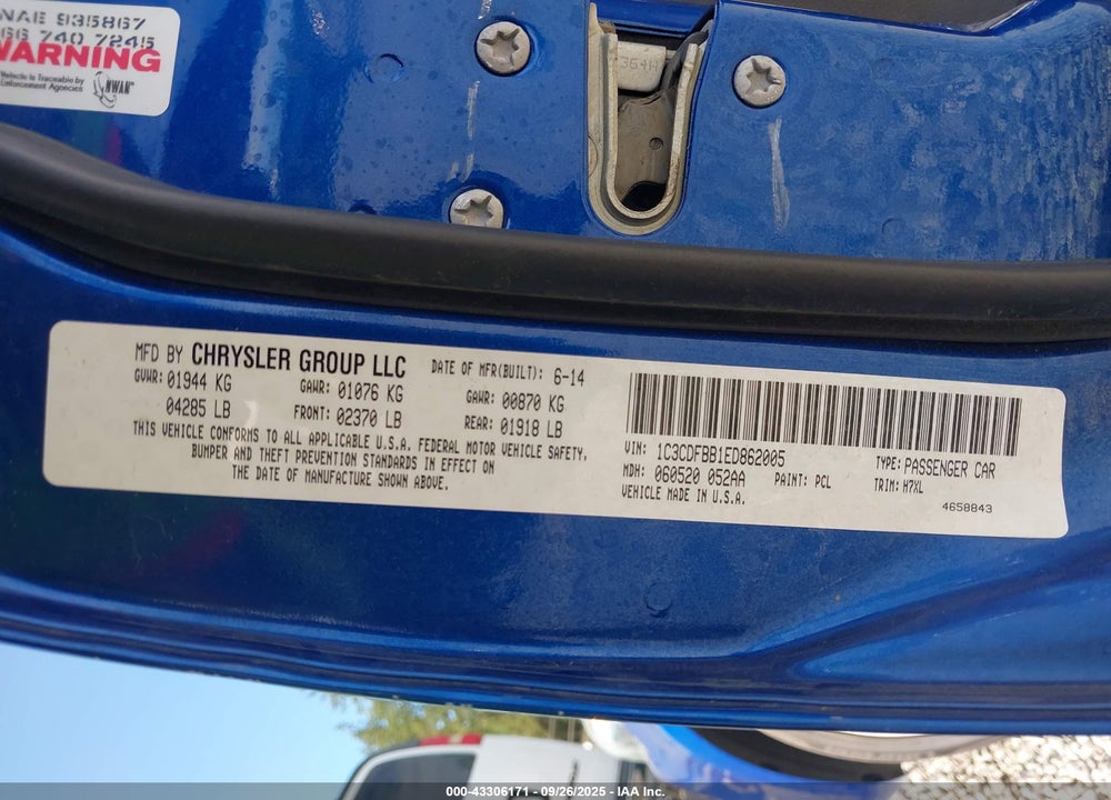2014 DODGE DART SXT VIN: 1C3CDFBB1ED862005