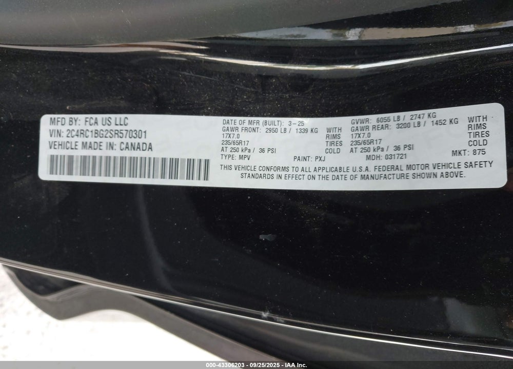 2025 CHRYSLER PACIFICA SELECT VIN: 2C4RC1BG2SR570301