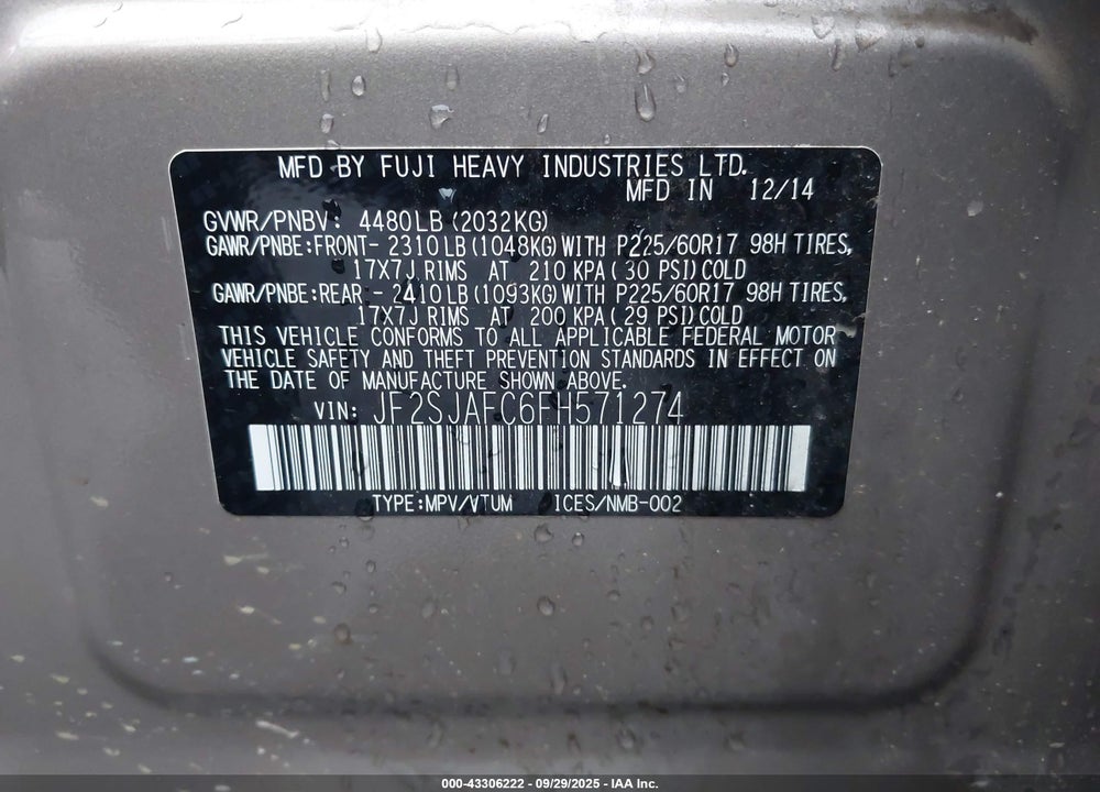 2015 SUBARU FORESTER VIN: JF2SJAFC6FH571274