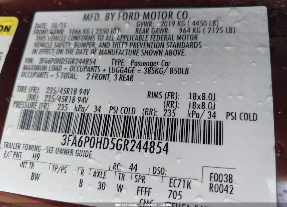 2016 FORD FUSION VIN: 3FA6P0HD5GR244854
