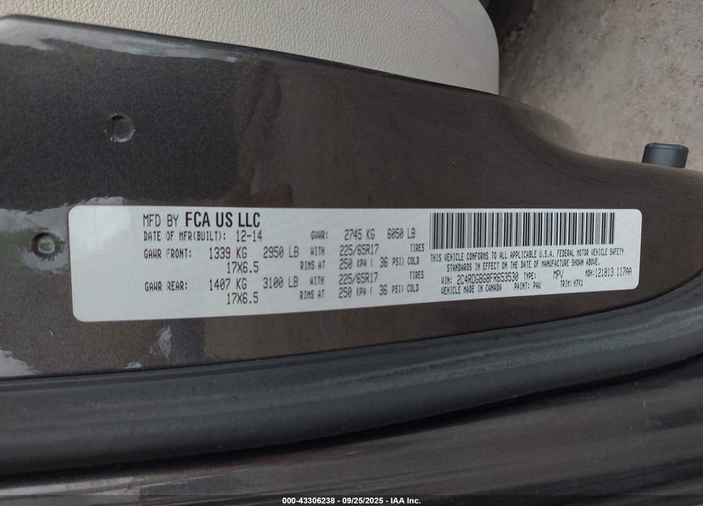 2015 DODGE GRAND CARAVAN VIN: 2C4RDGBG8FR653530