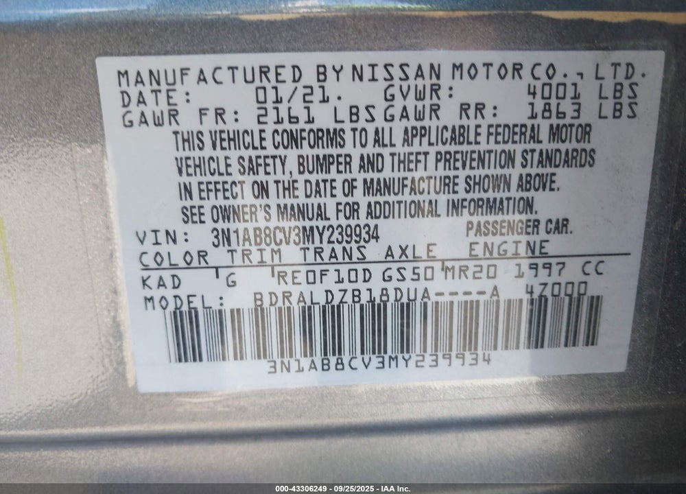 2021 NISSAN SENTRA VIN: 3N1AB8CV3MY239934