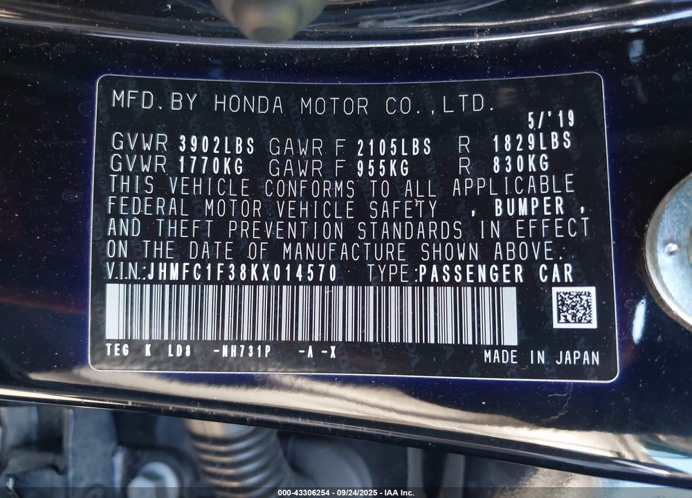 2019 HONDA CIVIC EX VIN: JHMFC1F38KX014570