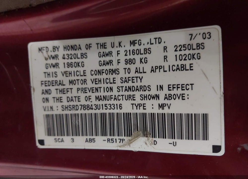 2003 HONDA CR-V EX VIN: SHSRD78843U153316