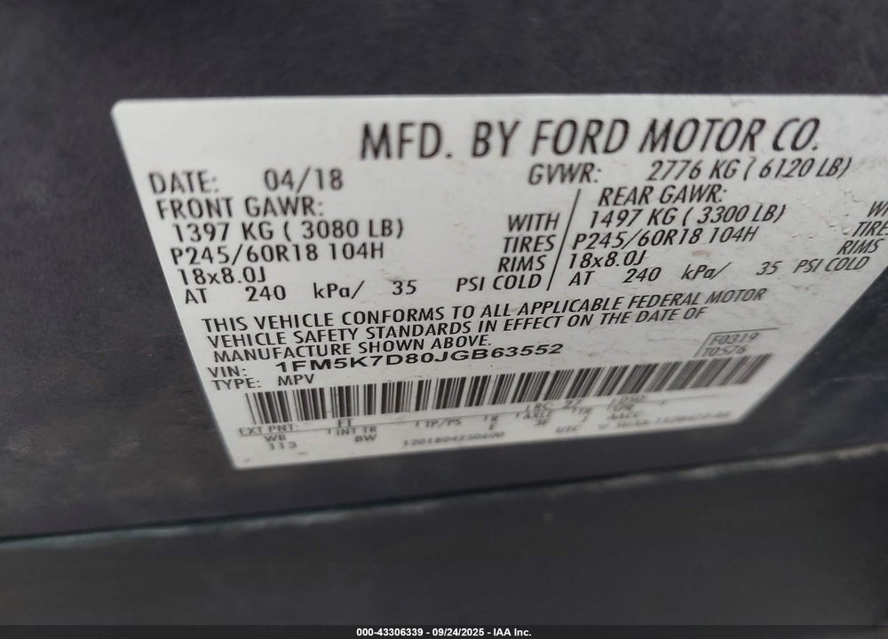 2018 FORD EXPLORER VIN: 1FM5K7D80JGB63552