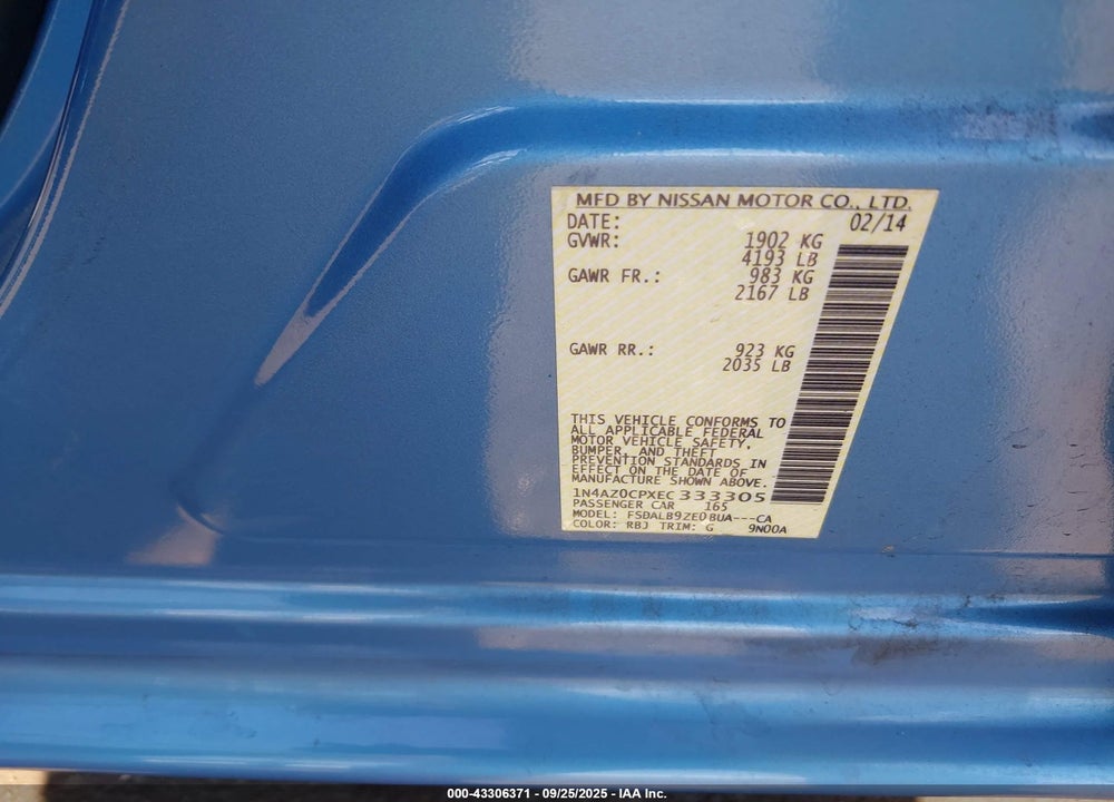 2014 NISSAN LEAF S VIN: 1N4AZ0CPXEC333305