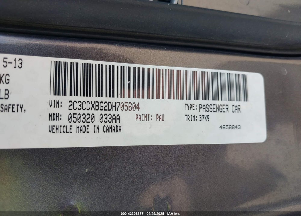 2013 DODGE CHARGER VIN: 2C3CDXBG2DH705604