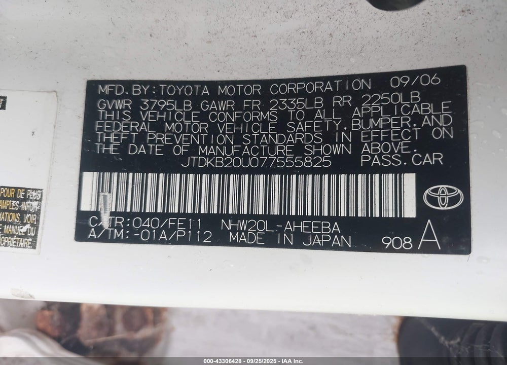 2007 TOYOTA PRIUS TOURING VIN: JTDKB20U077555825