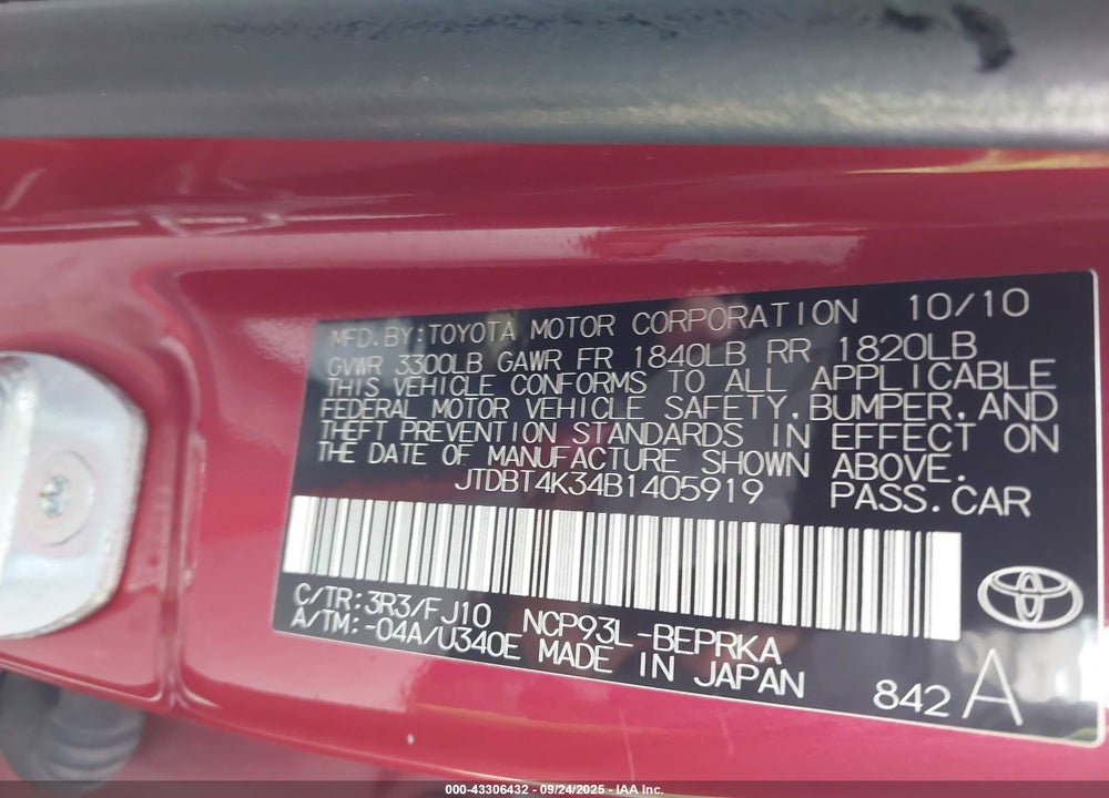 2011 TOYOTA YARIS VIN: JTDBT4K34B1405919