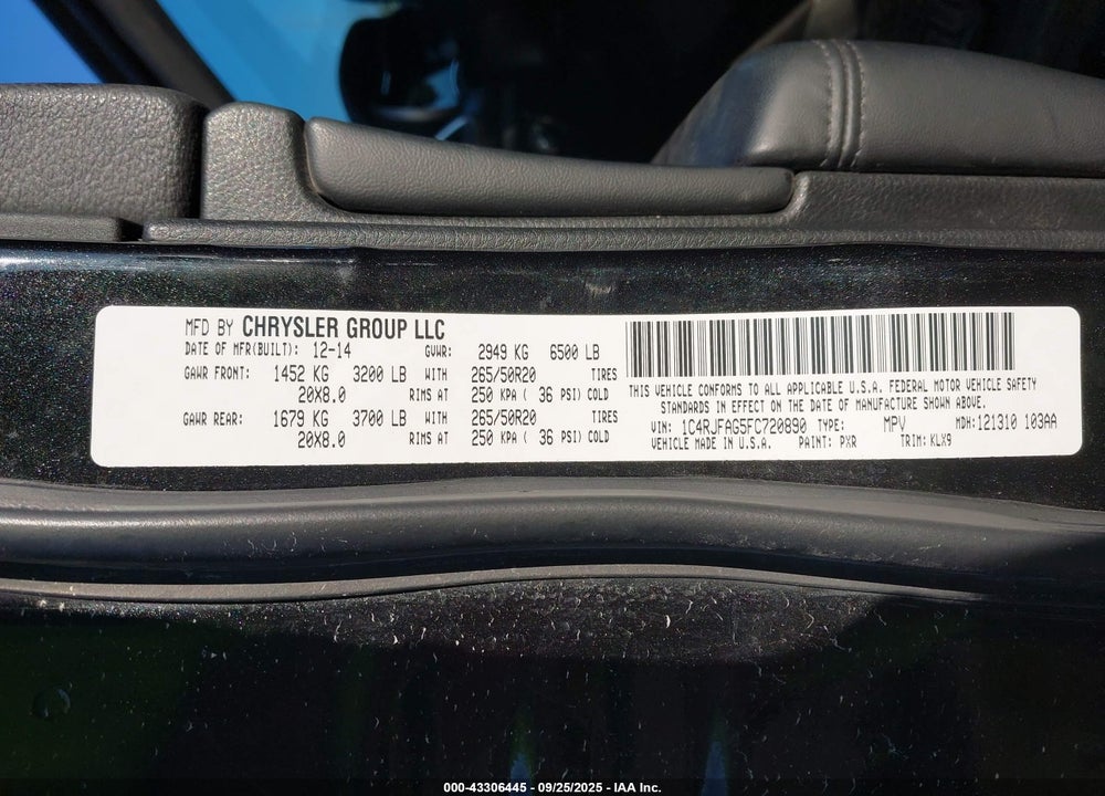 2015 JEEP GRAND CHEROKEE ALTITUDE VIN: 1C4RJFAG5FC720890