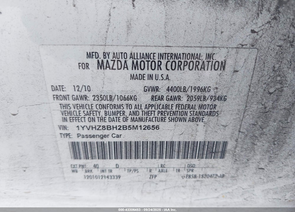 2011 MAZDA 6 I SPORT VIN: 1YVHZ8BH2B5M12656