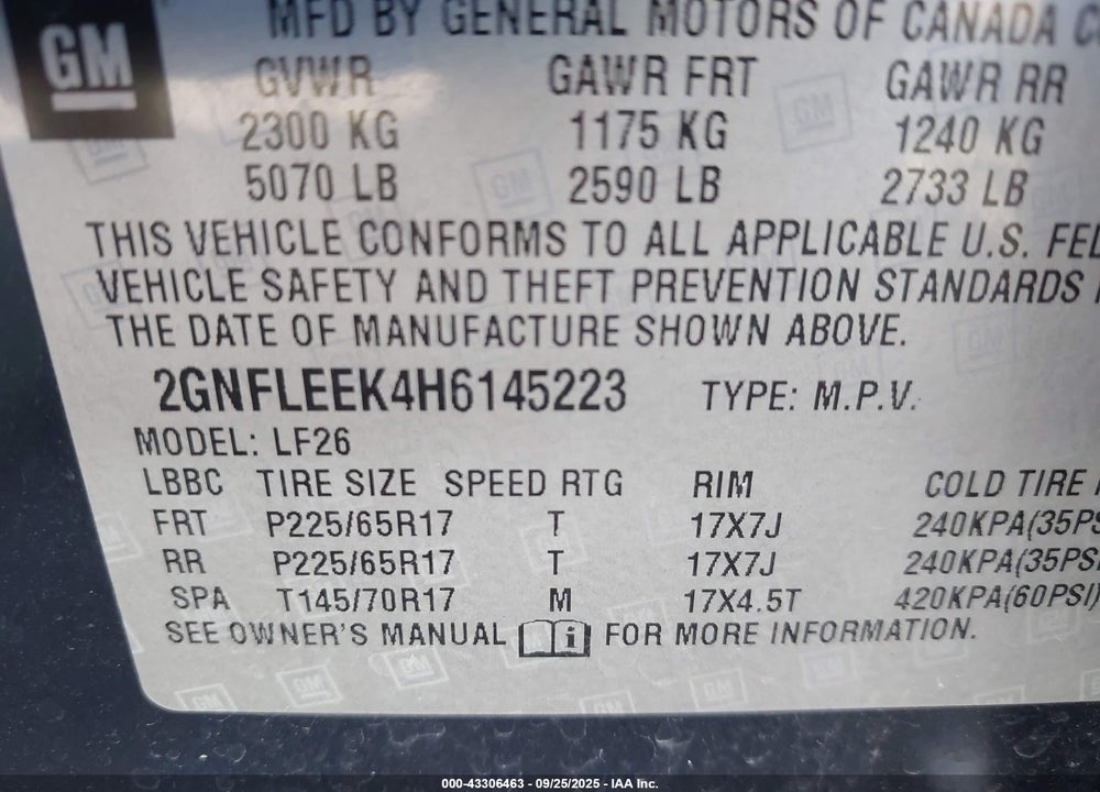 2017 CHEVROLET EQUINOX VIN: 2GNFLEEK4H6145223